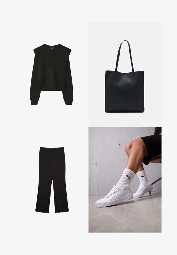 Czarny, długi sweter z dzianiny z poduszkami na ramionach oraz prążkowanymi mankietami i dołem, pokazany na białym tle.; Czarne spodnie o prostym kroju, z przednimi kieszeniami i bocznymi rozcięciami na dole. Wykonane z miękkiego, gładkiego materiału. Odpowiednie na różne okazje.; Białe trampki z gładką syntetyczną cholewką, ustrukturyzowaną podeszwą i teksturowanymi akcentami. Noszone z białymi skarpetkami w prążki z małym logo.; Czarna skórzana torba tote o gładkiej fakturze, prostokątnym kształcie i dwóch długich uchwytach. Brak widocznych elementów metalowych i ozdób.