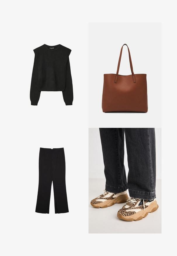 Schwarzer, langärmeliger, gestrickter Pullover mit gepolsterten Schultern sowie gerippten Bündchen und Saum, dargestellt vor einem weißen Hintergrund.; Schwarze Hose mit geradem Schnitt, ausgestattet mit Fronttaschen und Seitenschlitzen am Saum. Hergestellt aus weichem, glattem Stoff. Geeignet für verschiedene Anlässe.; Leopardenmuster Sneaker mit Mesh- und Lederpaneelen, hellbrauner Gummisohle und kontrastierenden schwarzen Akzenten. Getragen mit weit geschnittenen dunklen Jeans.; Braune Leder-Tote mit glatter Textur, offenem Oberteil und zwei Schulterriemen. Verfügt über minimale Nähte und keine sichtbaren Beschläge.