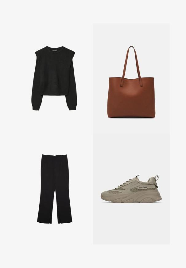 Czarny, długi sweter z dzianiny z poduszkami na ramionach oraz prążkowanymi mankietami i dołem, pokazany na białym tle.; Czarne spodnie o prostym kroju, z przednimi kieszeniami i bocznymi rozcięciami na dole. Wykonane z miękkiego, gładkiego materiału. Odpowiednie na różne okazje.; Beżowe, masywne sneakersy z siateczkowymi detalami, grubą podeszwą, sznurowadłami, pętelką na pięcie oraz logo "STEVE MADDEN" na bocznej części.; Brązowa skórzana torba tote o gładkiej fakturze, z otwartym wierzchem i dwoma ramiączkami. Charakteryzuje się minimalnym przeszyciem i brakiem widocznych elementów metalowych.