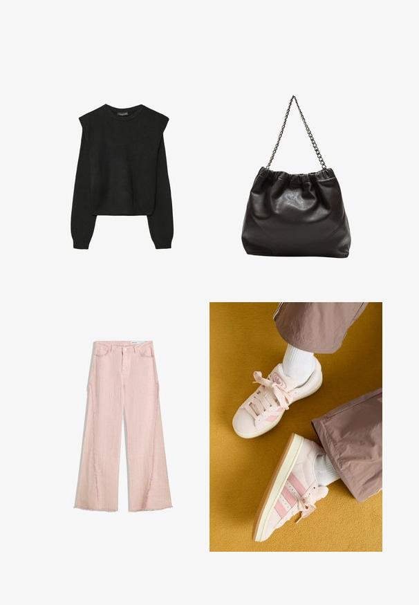 Czarny, długi sweter z dzianiny z poduszkami na ramionach oraz prążkowanymi mankietami i dołem, pokazany na białym tle.; Jasnoróżowe dżinsy z szerokimi nogawkami, o teksturowanym wykończeniu, z frędzlami na dole i pięcioma kieszeniami. Posiadają zapięcie na guzik i szlufki na pasek.; Różowe zamszowe sneakersy z dopasowanymi paskami, białymi sznurówkami i kremową podeszwą. Połączone z białymi skarpetkami i luźnymi brązowymi spodniami na żółtym tle.; Brązowa skórzana torba z marszczonym szczytem i łańcuszkowym paskiem. Gładka tekstura z błyszczącym wykończeniem i subtelnymi detalami szwów po bokach.