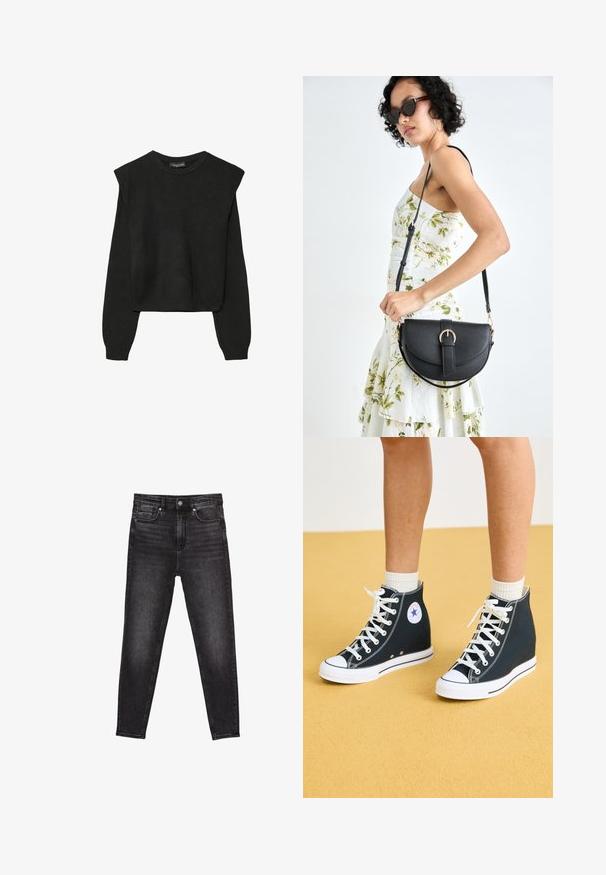 Mustat pitkätuuliseset neulepaidat, joissa on toppaukset harteilla sekä ribbaus hihansuissa ja helmassa, esitetty valkoista taustaa vasten.; Mustat farkut ovat muotoillut ja niissä on korkea vyötärö, viisi taskua sekä hienovarainen kuluminen rakenteen luomiseksi. Lisäksi ne on viimeistelty etupainonauhalla.; Korkeat tennarit tummansinisestä kankaasta, joissa on valkoiset kumipohjat, nauhat ja yksityiskohdat. Varustettu pyöreällä logolla ja valkoisilla ompelu- vaikutuksilla.; Musta nahkainen käsilaukku, joka on kaareva muotoilultaan, irrotettavalla hihnalla ja kultaisilla yksityiskohdilla. Laukussa on läppä, jossa on solk yksityiskohta.