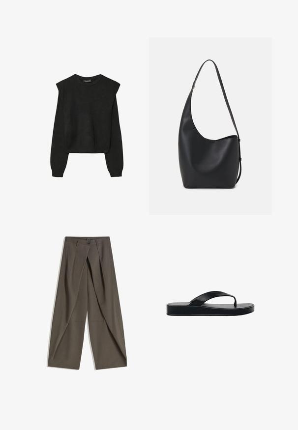 Sort striktrøje med lange ærmer, polstrede skuldre og ribkantede manchetter og kant, vist mod en hvid baggrund.; Vide bukser lavet af et struktureret, mørkegråt stof. Har en frontfald, knaplukning og sidelommer for praktisk anvendelse.; Sorte flip-flop sandaler med flad sål, glat gummistrop og minimalistisk design. Letvægtig med en strømlinet form.; Sort læder hobo taske med en glat overflade, buet form og en enkelt justerbar rem; har en bred åbning øverst.