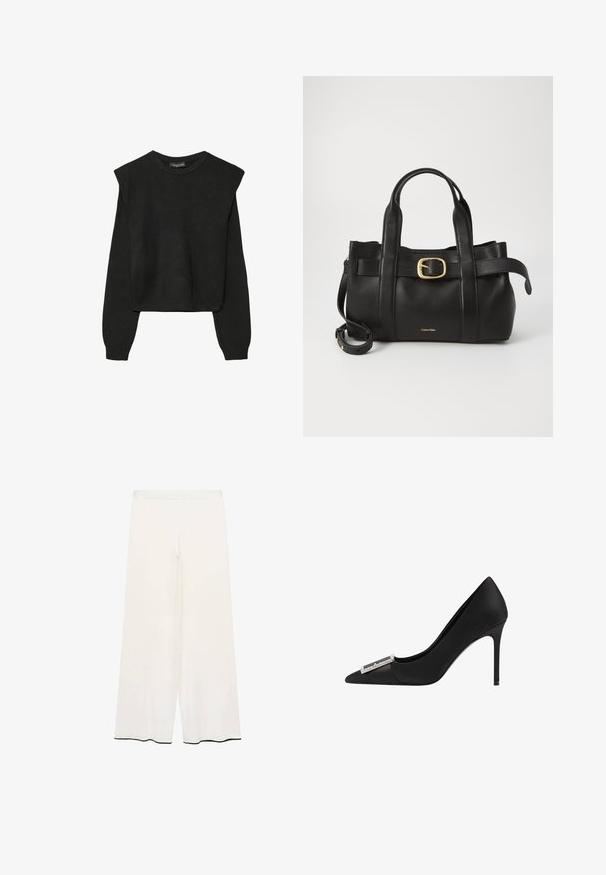 Czarny, długi sweter z dzianiny z poduszkami na ramionach oraz prążkowanymi mankietami i dołem, pokazany na białym tle.; Spodnie typu wide-leg w kremowym materiale o gładkiej teksturze. Posiadają prostą talię i czarną lamówkę wzdłuż dołu dla kontrastu.; Czarny but na szpilce z ostrym noskiem, wykonany z satynowego materiału, z metalicznym akcentem w srebrnym kolorze z przodu. Gładka faktura, elegancki design.; Czarna skórzana torebka o zorganizowanej konstrukcji, z podwójnymi uchwytami u góry, akcentem w postaci złotego zapięcia oraz wytłoczonym logo marki z przodu.