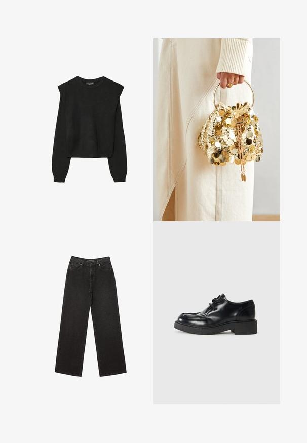 Čierny pletený sveter s dlhými rukávmi, vycpanými ramenami a rebrovanými nápletmi a spodným okrajom, zobrazený na bielom pozadí.; Čierne široké džínsy vyrobené z denimu, s malými bodkovanými vzormi, klasickým dizajnom s piatimi vreckami a zapínaním na gombík a zips.; Čierne kožené oxfordky s guľatou špičkou, šnurovací dizajn a hrubá čierna gumová podrážka. Hladký povrch a minimálne detaily šitia.; Zlatá taška na šnurovanie so zaoblenou rukoväťou, zdobená lesklými okrúhlymi flitrami a texturovaným materiálom. Rozmery nie sú uvedené.