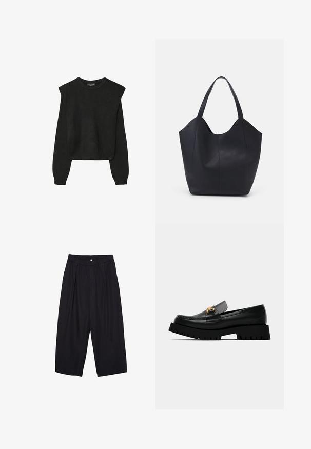 Black long-sleeve knitted sweater with padded shoulders and ribbed cuffs and hem, shown against a white background.; Black polyester culotte pants with an elastic waistband, two front pleats, and a loose silhouette. No visible patterns or hardware details.; Black leather loafer with chunky black sole and gold buckle detail on the front. Features stitching along the toe and sleek design.; Black tote bag made of smooth leather, featuring a curved, open top with two shoulder straps and a minimalist design.