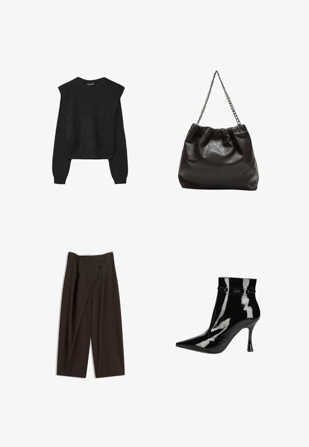 Černý pletený svetr s dlouhými rukávy, vycpanými ramenními částmi a ribbovanými manžetami a lemem, zobrazený na bílém pozadí.; Tmavě hnědé široké kalhoty s vysokým pasem, vybavené jedním tlačítkem na zapínání a plisovaným předním dílem. Vyrobené z lehkého materiálu.; Černé lakované kozačky nad kotníky s špičatou špičkou, lesklým povrchem, elegantním designem a úzkým stiletto podpatkem. Dekorativní páskové akcenty.; Hnědá kožená taška se sbíraným vrškem a řetízkovým popruhem. Hladký povrch s lesklým finišem a jemným švem na bocích.
