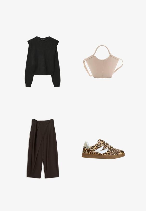Pull en tricot noir à manches longues avec épaules rembourrées et poignets et ourlet côtelés, présenté sur un fond blanc.; Pantalons larges marron foncé à taille haute, dotés d'une fermeture à un bouton et d'un devant plissé. Confectionnés en tissu léger.; Baskets à imprimé léopard avec trois bandes Velcro, accents blancs et un détail doré au talon. Semelle en caoutchouc, bout rond, tige texturée.; Sac à main en cuir beige avec une forme unique, doté de deux poignées courtes et d'une longue sangle réglable. Texture lisse avec un minimum de matériel.