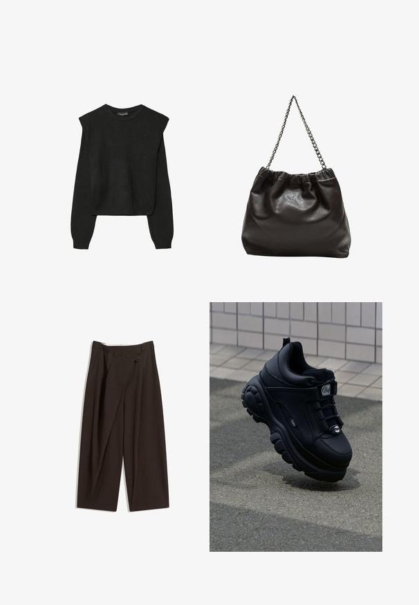 Čierny pletený sveter s dlhými rukávmi, vycpanými ramenami a rebrovanými nápletmi a spodným okrajom, zobrazený na bielom pozadí.; Tmavohnedé široké nohavice s vysokým pásom, s jedným gombíkom a záhybmi vpredu. Vyrobené z ľahkej textílie.; Čierne robustné tenisky s hladkým koženým povrchom, viazaním vpredu, pohodlnou podrážkou a embosovaným logom na boku. Viditeľná textúrovaná podrážka.; Hnedá kožená taška so zberaným vrchom a reťazovým popruhom. Hladký povrch s lesklým finišom a jemným švom po stranách.