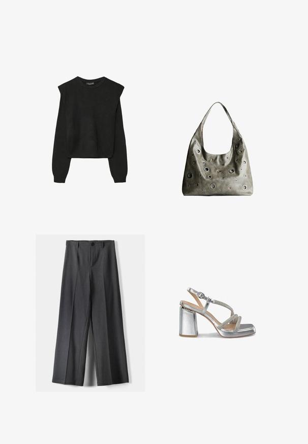 Černý pletený svetr s dlouhými rukávy, vycpanými ramenními částmi a ribbovanými manžetami a lemem, zobrazený na bílém pozadí.; Kalhoty s širokými nohavicemi vyrobené z tmavě šedé látky, s knoflíkovým zapínáním, předními sklady a poutky na pásek. Hladká textura s přizpůsobeným střihem.; Stříbrné metalické sandály na vysokém podpatku s páskovým designem, čtveratou špičkou a texturovanými akcenty. Zapínání na přezku a robustní blokový podpatek.; Olivově zelená kožená kabelka s uvolněným designem, která má kulaté výřezy různých velikostí a akcenty v tmavších a světlejších odstínech.