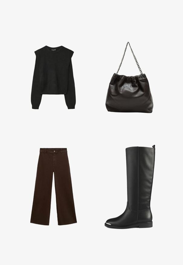 Sort striktrøje med lange ærmer, polstrede skuldre og ribkantede manchetter og kant, vist mod en hvid baggrund.; Brune viddebukser i en bomuldsblanding, med en frynset kant, frontknaplukning og klassisk fem-lomme design. Minimalistiske og alsidige.; Støvler i sort læder til knæet med en glat overflade, rund tå og sølvaccent på tåkappen. Med en lav, flad hæl og sømløst design.; Brun lædertaske med en rynket top og en kædestrop. Glat tekstur med en blank finish og subtile sømdetaljer på siderne.