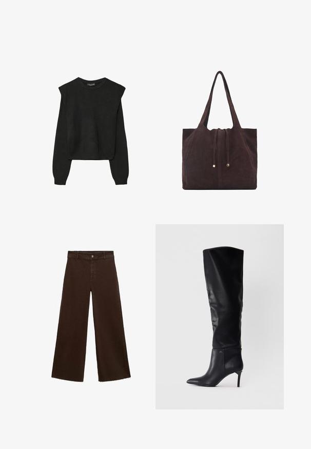Černý pletený svetr s dlouhými rukávy, vycpanými ramenními částmi a ribbovanými manžetami a lemem, zobrazený na bílém pozadí.; Hnědé kalhoty širokého střihu z bavlněné směsi, s třepicí na lemu, předním zapínáním na knoflík a klasickým designem pěti kapes. Minimalistické a univerzální.; Černé kožené vysoké boty nad koleno s špičatou špičkou, jehlovým podpatkem a elegantním designem s akcentem loga na kotníku.; Mango Velká kabelka - dark brown
