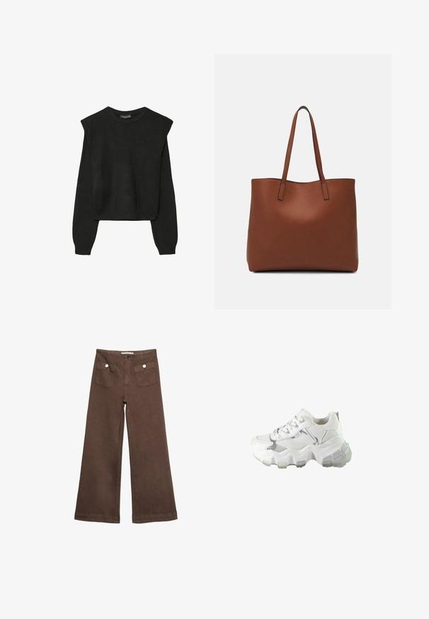 Czarny, długi sweter z dzianiny z poduszkami na ramionach oraz prążkowanymi mankietami i dołem, pokazany na białym tle.; Czerwone spodnie typu wide-leg wykonane z bawełny, z dwoma przednimi kieszeniami zapinanymi na srebrne guziki oraz gładką fakturą.; Białe buty sportowe z siateczkową cholewką, grubą amortyzującą podeszwą i odblaskowymi akcentami. Zaprojektowane z okrągłym noskiem i sznurowadłami.; Brązowa skórzana torba tote o gładkiej fakturze, z otwartym wierzchem i dwoma ramiączkami. Charakteryzuje się minimalnym przeszyciem i brakiem widocznych elementów metalowych.