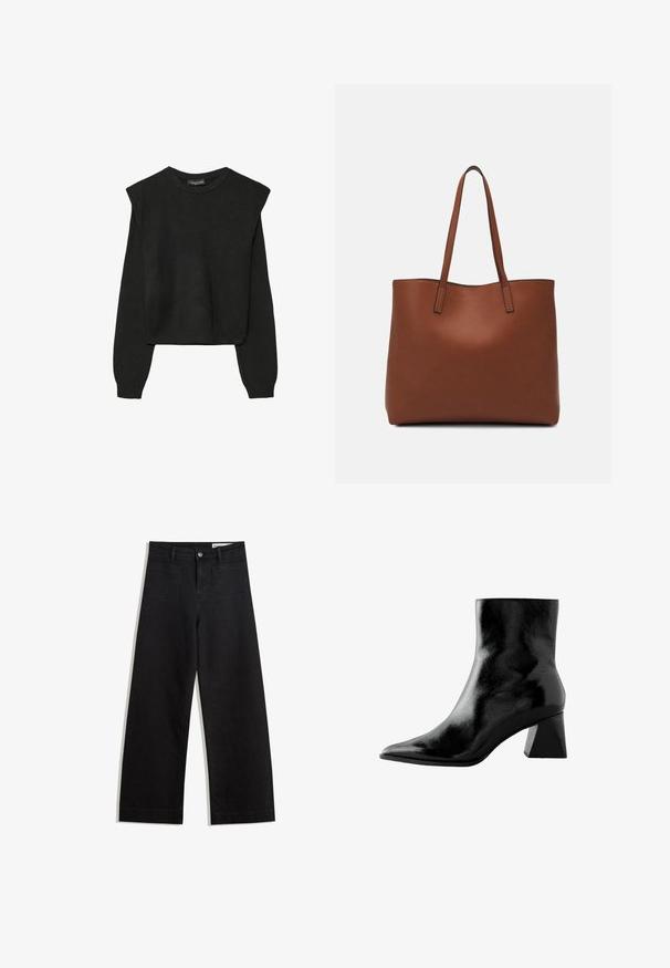Mustat pitkätuuliseset neulepaidat, joissa on toppaukset harteilla sekä ribbaus hihansuissa ja helmassa, esitetty valkoista taustaa vasten.; Mustat leveät farkut korkealla vyötäröllä, joissa on etu- ja takataskut, ommellut saumat ja nappisuljenta. Silkinoinen rakenne.; Mustat nilkkasaappaat kiiltävällä pinnalla, teräväkärkiset ja leveällä neliökorolla. Silkkinen rakenne, jossa on tyylikäs, minimalistinen muotoilu.; Ruskea nahkainen olkalaukku, jossa on sileä pinta, avoin yläosa ja kaksi olkahihnaa. Omaavat vain minimaalisen ompelun eikä näkyvää metalliosaa.