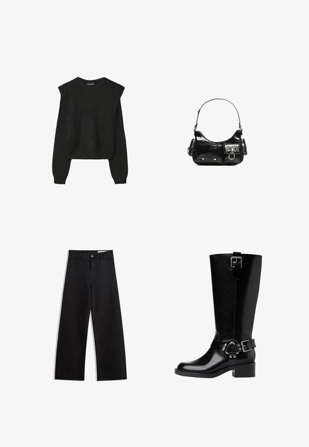 Čierny pletený sveter s dlhými rukávmi, vycpanými ramenami a rebrovanými nápletmi a spodným okrajom, zobrazený na bielom pozadí.; Čierne denimové nohavice s širokými nohavicami a vysokým pásom, so prednými a zadnými vreckami, šitými švami a zapínaním na gombík. Hladká textúra.; Čierne kožené vysoké čižmy po kolená s okrúhlou špičkou, masívnym podpätkom, nastaviteľným remienkom s kovovými akcentmi a lesklým povrchom.; Čierna laková kožená kabelka s ohnutým tvarom, jedným ramenným popruhom, prednými vreckami a striebornými kovovými doplnkami.