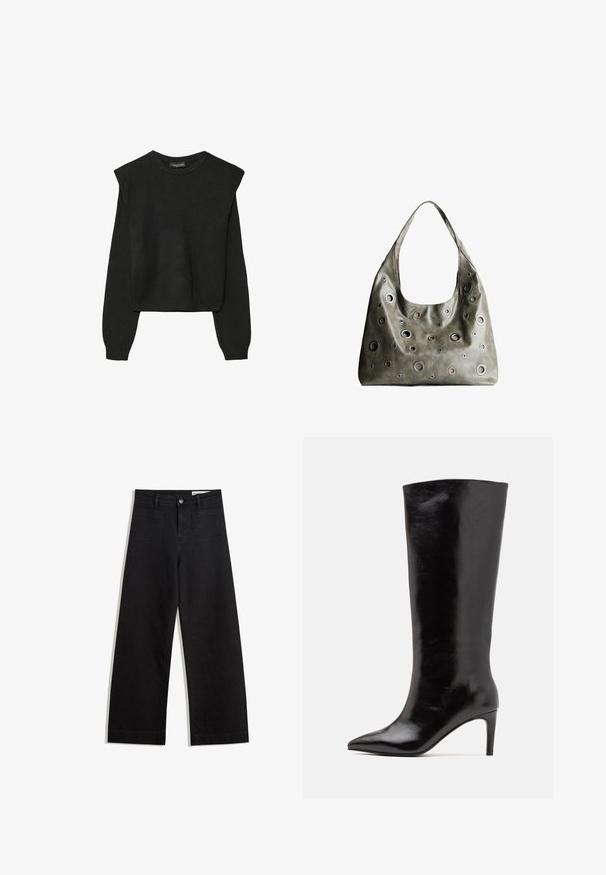 Crna pletena dugoslojna majica sa podloženim ramenima i rebrastim manžetama i rubom, prikazana na bijeloj pozadini.; Crne široke traperice s visokim strukom, s prednjim i stražnjim džepovima, šivenim šavovima i kopčanjem na gumb. Glatka tekstura.; Call it Spring RHODDE - Čizme s visokom petom - black; Maslinasto zeleni kožni ručni kovčeg s opuštenim dizajnom, s raznim kružnim izrezima različitih veličina i naglascima u tamnijim i svjetlijim nijansama.