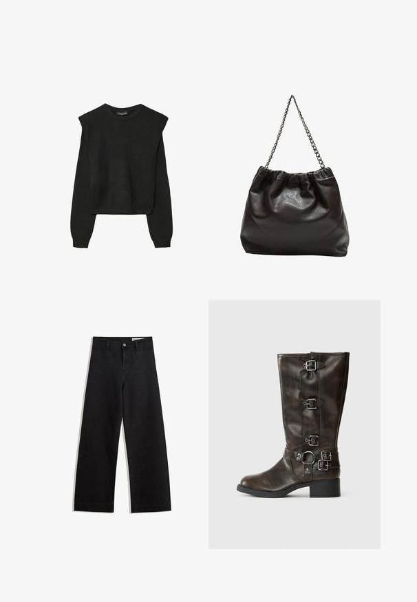 Czarny, długi sweter z dzianiny z poduszkami na ramionach oraz prążkowanymi mankietami i dołem, pokazany na białym tle.; Czarne dżinsowe spodnie o szerokich nogawkach i wysokim stanie, z przednimi i tylnymi kieszeniami, przeszyciami oraz zapięciem na guziki. Gładka struktura.; Brązowe skórzane buty za kolano z wieloma klamrami, okrągłym noskiem i niskim, grubym obcasem. Posiadają fakturowane wykończenie i regulowane paski.; Brązowa skórzana torba z marszczonym szczytem i łańcuszkowym paskiem. Gładka tekstura z błyszczącym wykończeniem i subtelnymi detalami szwów po bokach.