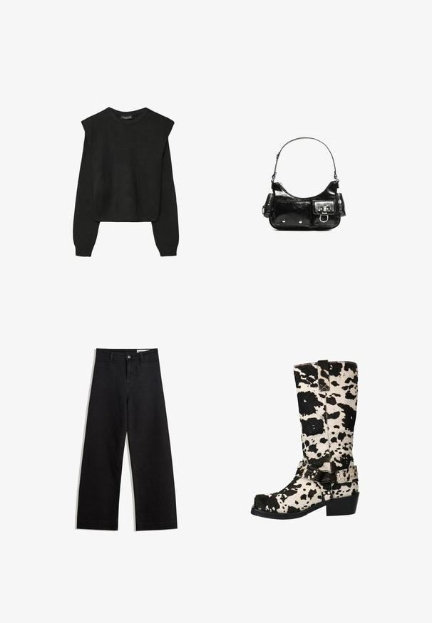 Schwarzer, langärmeliger, gestrickter Pullover mit gepolsterten Schultern sowie gerippten Bündchen und Saum, dargestellt vor einem weißen Hintergrund.; Schwarze weit geschnittene Jeans mit hoher Taille, ausgestattet mit Vorder- und Hintertaschen, gesteppten Nähten und einem Knopfverschluss. Glatte Textur.; Schwarz-weiße Kuhfellmuster-Kniefüße aus weichem Material, mit einem Riemen mit Schnalle und einem Blockabsatz für Stabilität.; Schwarze Lackleder-Handtasche mit geschwungenem Design, einem Schulterriemen, Vordertaschen und silberfarbenen Hardware-Akzenten.