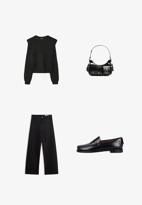 Mustat pitkätuuliseset neulepaidat, joissa on toppaukset harteilla sekä ribbaus hihansuissa ja helmassa, esitetty valkoista taustaa vasten.; Mustat leveät farkut korkealla vyötäröllä, joissa on etu- ja takataskut, ommellut saumat ja nappisuljenta. Silkinoinen rakenne.; Musta nahkainen loafersi, jossa on sileä pinta, pyöreä kärki, koristeellinen ommel ja matala korko. Suunnittelu on minimalistinen ilman näkyvää metalliosaa.; Mustekko mustasta kiiltonahasta valmistettu käsilaukku, jossa on kaareva muoto, yksi olkahihna, etutaskut ja hopeanväriset yksityiskohdat.