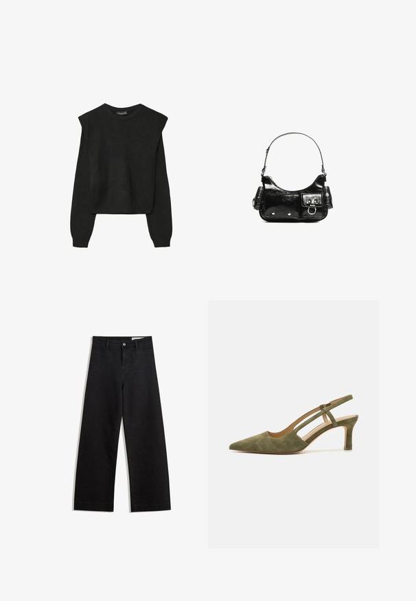 Čierny pletený sveter s dlhými rukávmi, vycpanými ramenami a rebrovanými nápletmi a spodným okrajom, zobrazený na bielom pozadí.; Čierne denimové nohavice s širokými nohavicami a vysokým pásom, so prednými a zadnými vreckami, šitými švami a zapínaním na gombík. Hladká textúra.; Olivovo zelené semišové sandále na podpätku s špicatou špičkou, štíhlymi podpätkami a vyrezávaným detailom na bokoch. Hladká kožená stielka.; Čierna laková kožená kabelka s ohnutým tvarom, jedným ramenným popruhom, prednými vreckami a striebornými kovovými doplnkami.
