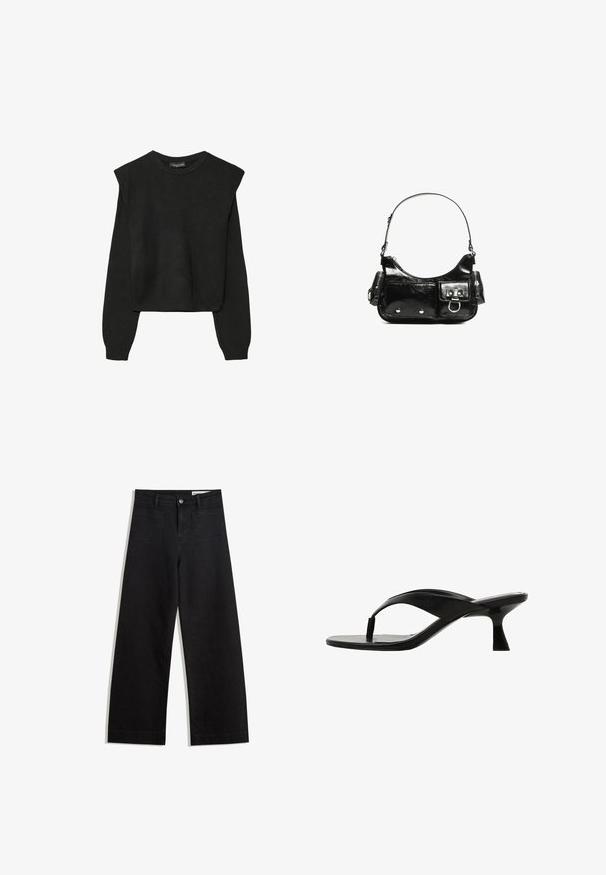 Sort striktrøje med lange ærmer, polstrede skuldre og ribkantede manchetter og kant, vist mod en hvid baggrund.; Sorte wide-leg denim bukser med høj talje, der har front- og baglommer, syede sømme og en knaplukning. Glat tekstur.; Mango Sandaler m/ tåsplit - black; Sort patenteret læder håndtaske med en buet form, en skulderrem, frontlommer og hardware accenter i sølvfarve.