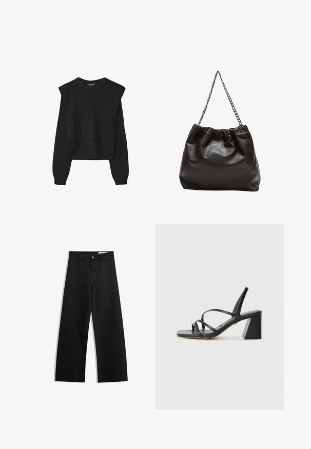 Crna pletena dugoslojna majica sa podloženim ramenima i rebrastim manžetama i rubom, prikazana na bijeloj pozadini.; Crne široke traperice s visokim strukom, s prednjim i stražnjim džepovima, šivenim šavovima i kopčanjem na gumb. Glatka tekstura.; Crne sandale na visokoj peti sa kvadratnim vrhom, s više tankih remena i geometrijskom blok petom. Glatka kožna tekstura i minimalistički dizajn.; Smeđa kožna torba s naboranim vrhom i lančićem za nošenje. Glatka tekstura s sjajnim završetkom i suptilnim šavnim detaljima sa strane.