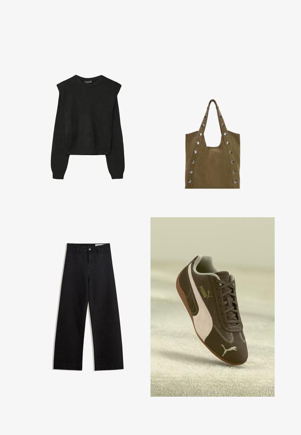 Črn dolgi pulover iz pletenine z oblazinjenimi rameni ter rebrastimi manšetami in robom, prikazan na beli podlagi.; Črne široke denim hlače z visokim pasom, ki imajo sprednje in zadnje žepe, šivane šive ter gumbasto zapiranje. Gladka tekstura.; Brahno Puma superge z bež črtami in logotipom, z vezalkami, počiva na teksturirani bež površini.; Tote torba iz khaki zamšaste tkanine z dvema zgornjima ročajema, ki je okrašena z velikimi srebrnimi zakovicami ob straneh in ima široko odprto zgornjo stran, ki omogoča enostaven dostop.