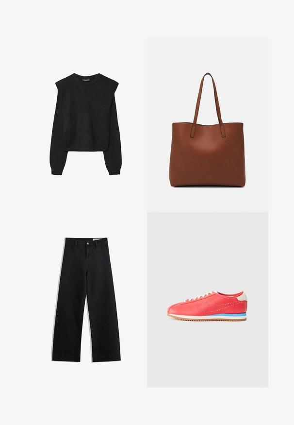 Svart långärmad stickad tröja med vadderade axlar och ribbade muddar och fåll, visad mot en vit bakgrund.; Svarta vida denimbyxor med hög midja, med fram- och bakfickor, sydda sömmar och knappstängning. Slät textur.; Röd läder sneaker med perforerat mönster, kontrasterande blå mellansula, beige hälaccent och vita snörningar. Klassisk böjd form.; Brun läder tote-väska med en slät textur, öppen toppdesign och två axelremmar. Har minimal söm och ingen synlig metalldetalj.