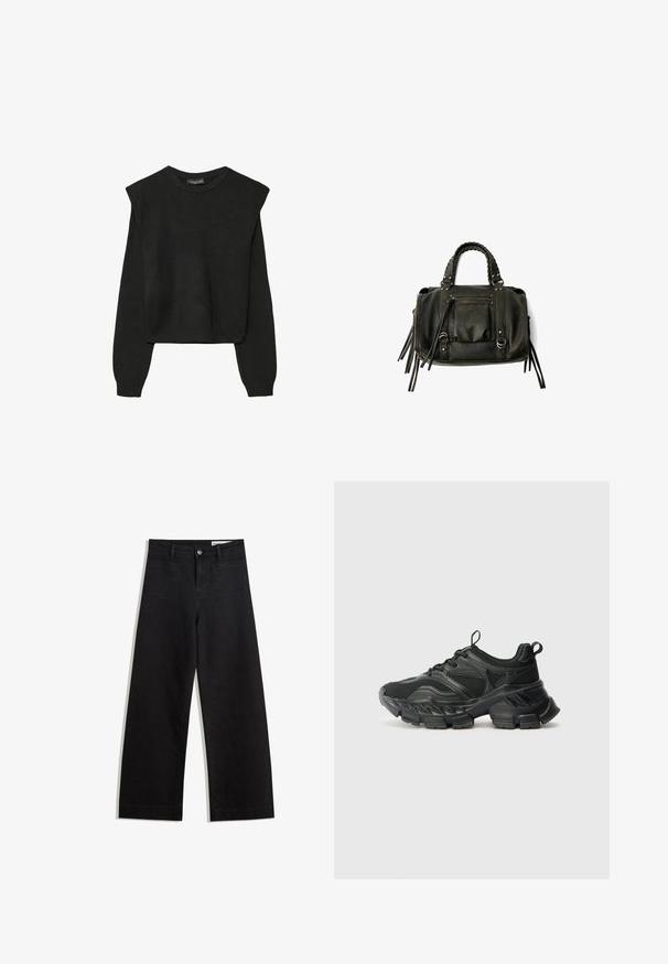 Crna pletena dugoslojna majica sa podloženim ramenima i rebrastim manžetama i rubom, prikazana na bijeloj pozadini.; Crne široke traperice s visokim strukom, s prednjim i stražnjim džepovima, šivenim šavovima i kopčanjem na gumb. Glatka tekstura.; Even&Odd Wide Fit MAURITANIA - Tenisice - black; Crna kožna torba s pletenim ručkama, džepom na zatvarač i visećim resicama. Teksturirana površina s metalnim zakovicama i hardverskim naglascima.