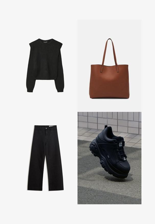 Svart långärmad stickad tröja med vadderade axlar och ribbade muddar och fåll, visad mot en vit bakgrund.; Svarta vida denimbyxor med hög midja, med fram- och bakfickor, sydda sömmar och knappstängning. Slät textur.; Svarta chunky sneakers med en slät läderfinish, snörning framtill, vadderad sula och präglad logotyp på sidan. Texturerad sula synlig.; Brun läder tote-väska med en slät textur, öppen toppdesign och två axelremmar. Har minimal söm och ingen synlig metalldetalj.