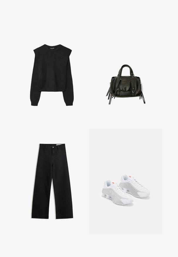 Crna pletena dugoslojna majica sa podloženim ramenima i rebrastim manžetama i rubom, prikazana na bijeloj pozadini.; Crne široke traperice s visokim strukom, s prednjim i stražnjim džepovima, šivenim šavovima i kopčanjem na gumb. Glatka tekstura.; Bijele tenisice za trčanje s sivim naglascima, s teksturiranim gornjim dijelom, perforacijama za ventilaciju i segmentiranim petnim dijelom za ublažavanje.; Crna kožna torba s pletenim ručkama, džepom na zatvarač i visećim resicama. Teksturirana površina s metalnim zakovicama i hardverskim naglascima.