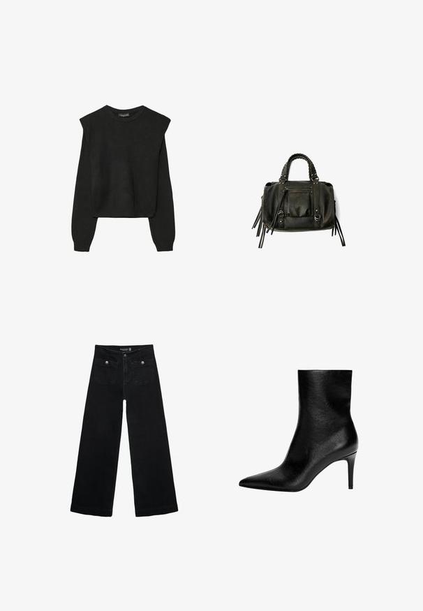 Crna pletena dugoslojna majica sa podloženim ramenima i rebrastim manžetama i rubom, prikazana na bijeloj pozadini.; Crne široke traperice s visokim strukom, koje imaju dva prednja džepa i metalne gumbe kao ukrase. Tkanina ima glatku teksturu.; Crna kožna gležnjača elegantnog silueta, s vrhom u špic i visokom stiletto potpeticom. Glatka tekstura, minimalistički dizajn bez vidljivih metalnih detalja.; Crna kožna torba s pletenim ručkama, džepom na zatvarač i visećim resicama. Teksturirana površina s metalnim zakovicama i hardverskim naglascima.