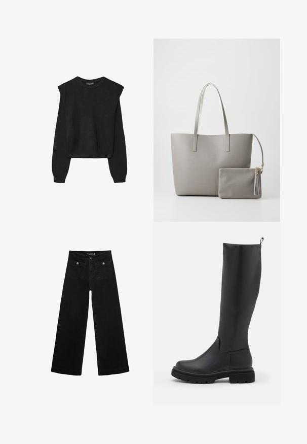 Maglione nero a maniche lunghe in maglia con spalle imbottite e polsini e orlo a coste, mostrato su uno sfondo bianco.; Jeans neri a gamba larga con vita alta, dotati di due tasche frontali e dettagli in metallo sui bottoni. Il tessuto ha una texture liscia.; Stivale nero al ginocchio in materiale liscio e opaco, con suola spessa, punta rotonda e un manico nella parte superiore per una facile vestibilità.; Borsa tote sintetica grigia con due manici lunghi e una piccola busta con zip coordinata, dotata di un pompon. Texture liscia con un motivo sottile.