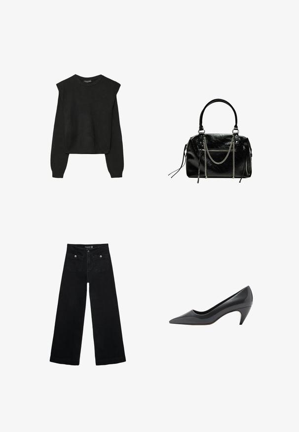 Schwarzer, langärmeliger, gestrickter Pullover mit gepolsterten Schultern sowie gerippten Bündchen und Saum, dargestellt vor einem weißen Hintergrund.; Schwarze, weit geschnittene Jeans mit hoher Taille, die zwei Fronttaschen und metallene Knopfakzente aufweist. Der Stoff hat eine glatte Textur.; Schwarzer Lackleder-Pumps mit spitzem Schuhkopf und einem schmalen, mittelhohen Absatz. Glatte Textur und minimale Designelemente.; Bershka WITH CHAIN - Handtasche - black