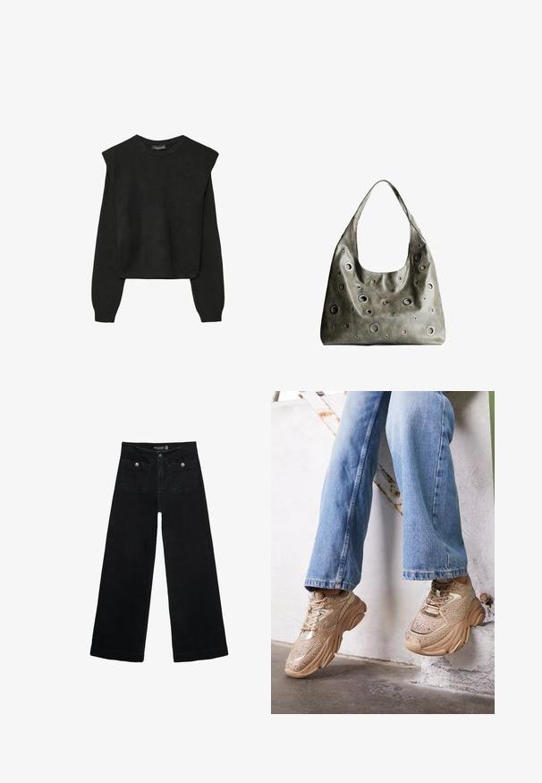 Čierny pletený sveter s dlhými rukávmi, vycpanými ramenami a rebrovanými nápletmi a spodným okrajom, zobrazený na bielom pozadí.; Čierne široké nohavice s vysokým pásom, s dvoma prednými vreckami a kovovými detailmi na gombíku. Tkanina má hladkú textúru.; Bežové tenisky s kovovými akcentmi, textúrovaným dizajnom a detailmi zo sklenených kamienkov, skombinované s svetlomodrými džínsami s rovnými nohavicami.; Olive zelená kožená kabelka so spadnutým dizajnom, obsahujúca rôzne veľkosti kruhových výrezov a akcenty v tmavších a svetlejších odtieňoch.