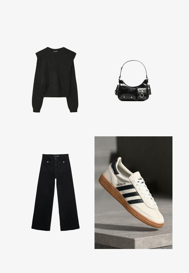 Čierny pletený sveter s dlhými rukávmi, vycpanými ramenami a rebrovanými nápletmi a spodným okrajom, zobrazený na bielom pozadí.; Čierne široké nohavice s vysokým pásom, s dvoma prednými vreckami a kovovými detailmi na gombíku. Tkanina má hladkú textúru.; Biele semišové tenisky s námorníckymi pruhmi, gumovou podrážkou, textúrovaným zvrškom, okrúhlou špičkou a šnurovaním; obsahujú označenie na boku a jazyku.; Čierna laková kožená kabelka s ohnutým tvarom, jedným ramenným popruhom, prednými vreckami a striebornými kovovými doplnkami.