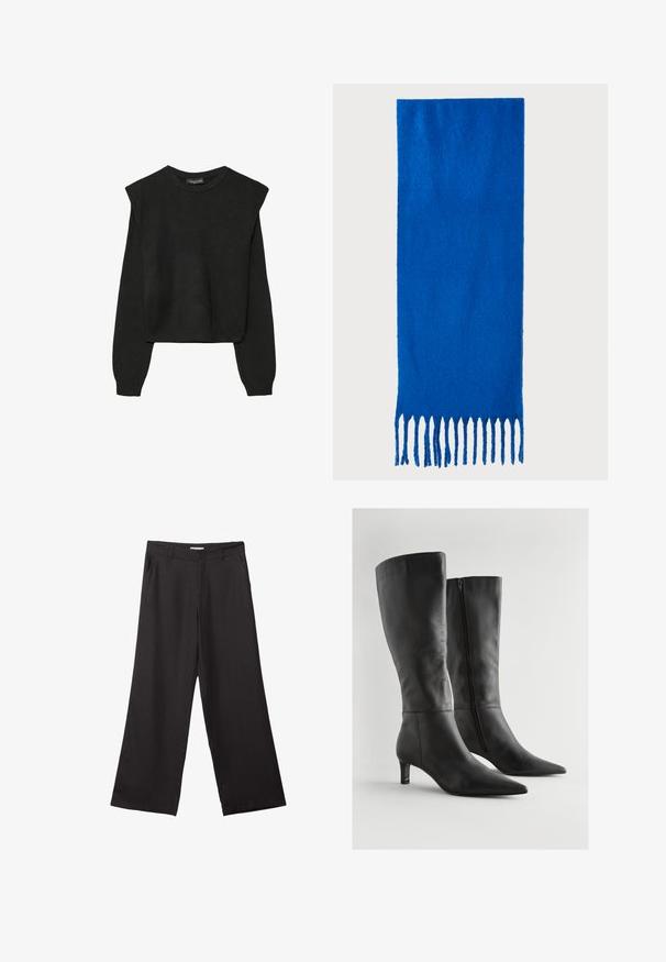 Pull en tricot noir à manches longues avec épaules rembourrées et poignets et ourlet côtelés, présenté sur un fond blanc.; Pantalons larges noirs en tissu lisse, dotés d'une fermeture éclair à l'avant et de deux poches latérales, avec une coupe ajustée et un design minimaliste.; Les bottes noires en cuir montent jusqu'au genou et présentent un bout pointu, un petit talon carré, ainsi qu'une fermeture éclair latérale. Leur surface est lisse avec un minimum de détails.; Écharpe bleue à franges en tissu doux ; présente une couleur unie avec une surface texturée et des franges uniformément coupées en bas.; Sac à main en cuir noir au design structuré, avec une poignée supérieure et un détail de fermoir en métal doré à l'avant. Texture lisse, couture minimale.