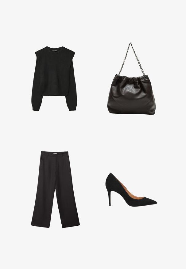Czarny, długi sweter z dzianiny z poduszkami na ramionach oraz prążkowanymi mankietami i dołem, pokazany na białym tle.; Czarne spodnie z szerokimi nogawkami, wykonane z gładkiego materiału, z przednim zamkiem błyskawicznym i dwoma bocznymi kieszeniami, o dopasowanym kroju i minimalistycznym wzornictwie.; Czarne zamszowe szpilki z ostro zakończonym noskiem, eleganckim kształtem i obcasem w stylu stiletto. Posiadają gładką podszewkę wewnętrzną.; Brązowa skórzana torba z marszczonym szczytem i łańcuszkowym paskiem. Gładka tekstura z błyszczącym wykończeniem i subtelnymi detalami szwów po bokach.