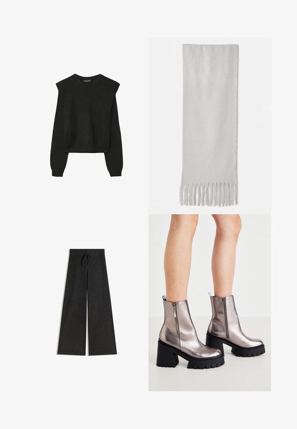 Svart långärmad stickad tröja med vadderade axlar och ribbade muddar och fåll, visad mot en vit bakgrund.; Svarta vida byxor i en texturerad kvalitet, med resårmidja och justerbar dragsko.; Metalliska silverfärgade ankelstövlar med en kraftig svart plattformssula, sidogylft, och texturerat mönster för grepp. Slät ytfinish.; Grå scarf i mjukt material med fransar i ändarna, med en rektangulär form och slät yta.