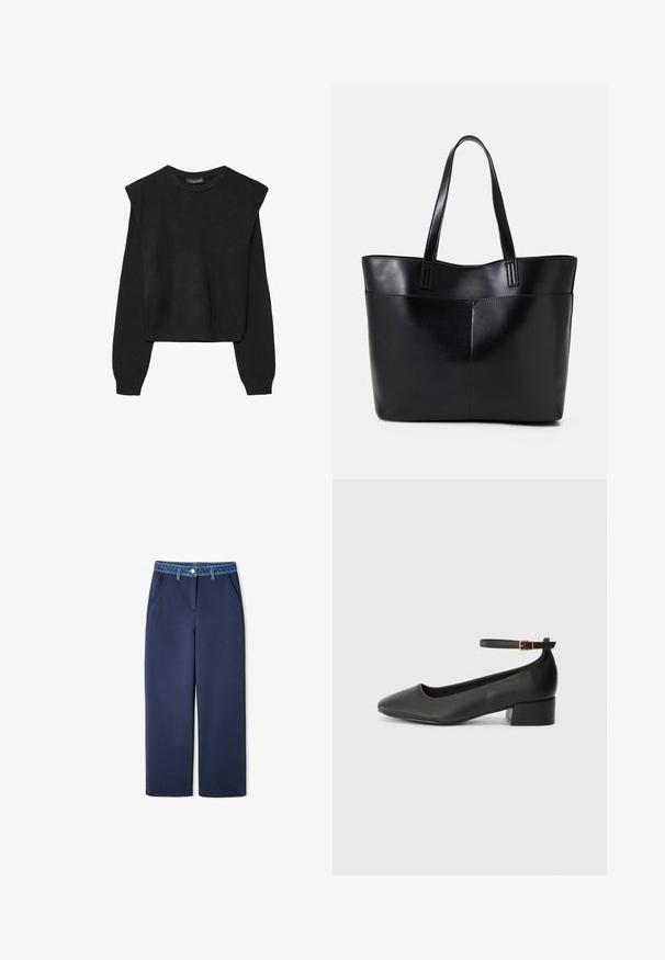 Zwart gebreid trui met lange mouwen, voorzien van gewatteerde schouders en geribbelde manchetten en onderrand, weergegeven tegen een witte achtergrond.; Marineblauwe wijde broek gemaakt van zachte stof met een licht elastische denim tailleband, voorzien van zijzakken en een knoopsluiting.; Zwarte leren pump met een spitse neus en een lage blokhak. Beschikt over een enkelband met een goudkleurige gespsluiting. Gladde textuur.; Zwarte leren tote bag met twee lange handvatten, een zachte textuur en een gestructureerde vorm. Voorzien van een voorvak voor extra opslagruimte.
