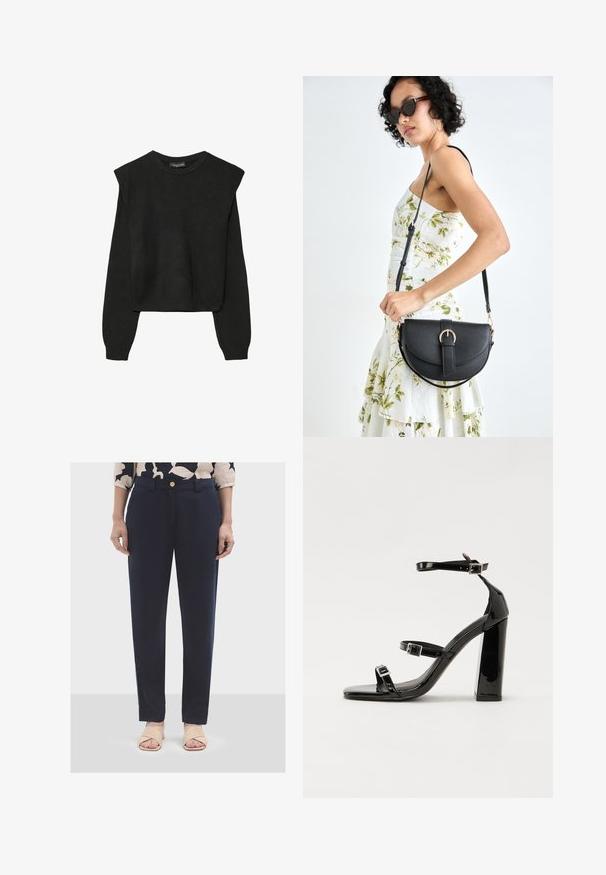Schwarzer, langärmeliger, gestrickter Pullover mit gepolsterten Schultern sowie gerippten Bündchen und Saum, dargestellt vor einem weißen Hintergrund.; Marineblaue, maßgeschneiderte Hosen mit flachem Bund, Knopfverschluss und geradem Bein. Getragen mit hellbeigen, Riemchensandalen.; Schwarze patentierte Sandalen mit Absatz, quadratischer Spitze, Knöchelriemen und silbernen Schnallen. Mit einem stabilen Blockabsatz für mehr Stabilität.; Schwarze Lederhandtasche mit geschwungener Form, abnehmbarem Tragegurt und goldenen Beschlägen. Die Tasche verfügt über einen Deckel mit einer Schnallen-Details.
