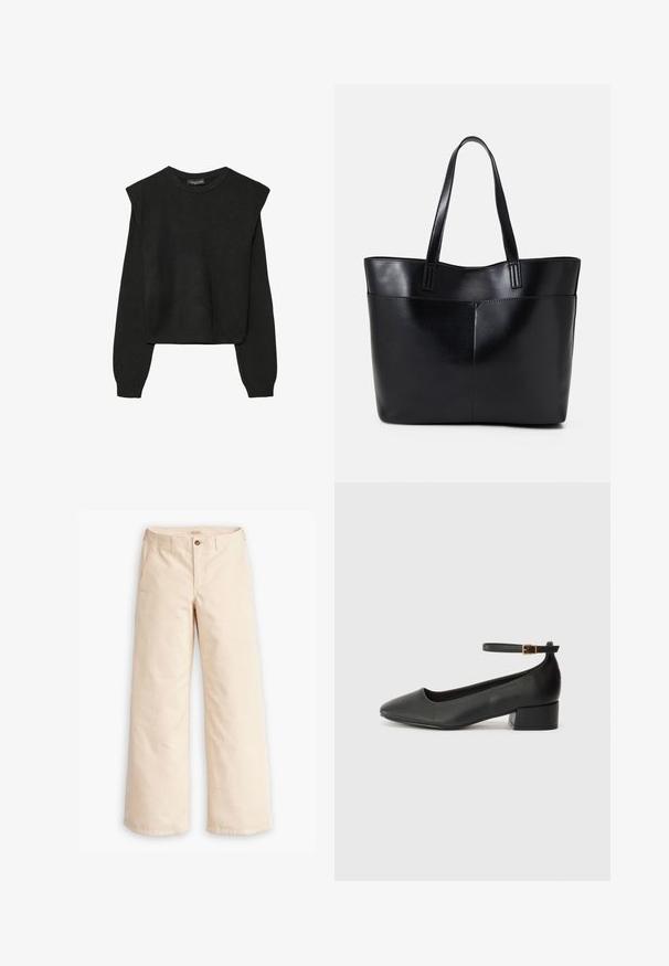 Svart långärmad stickad tröja med vadderade axlar och ribbade muddar och fåll, visad mot en vit bakgrund.; Beige byxor med vida ben i bomull, med knäppning fram, två sidfickor och en strukturerad tyg.; Svart läderpump med spetsig tå och en låg klack. Har en ankelsnodd med en guldtonad spänne. Slät textur.; Svart läder tote-väska med två långa handtag, en slät yta och en strukturerad form. Har en framficka för extra förvaring.