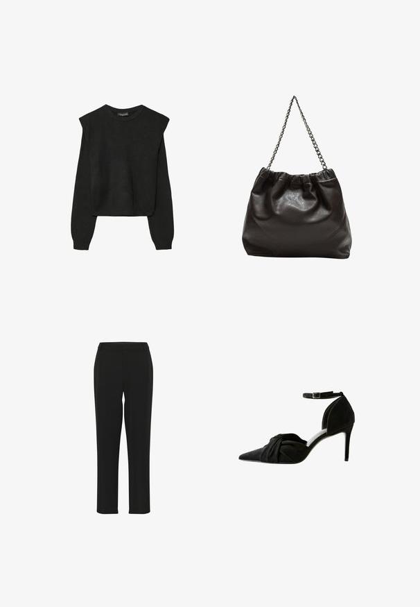 Schwarzer, langärmeliger, gestrickter Pullover mit gepolsterten Schultern sowie gerippten Bündchen und Saum, dargestellt vor einem weißen Hintergrund.; Schwarze Hose mit geradem Bein, ausgestattet mit einer glatten Textur, einem anliegenden Bund und ohne sichtbare Verzierungen oder Muster.; Schwarzer Wildleder-Pumps mit spitzem Zeh, geknotetem Detail an der Vorderseite, Knöchelriemen und dünnem Stiletto-Absatz.; Braune Lederhandtasche mit gerafftem Oberteil und Kettenriemen. Glatte Textur mit glänzendem Finish und subtilen Nahtdetails an den Seiten.