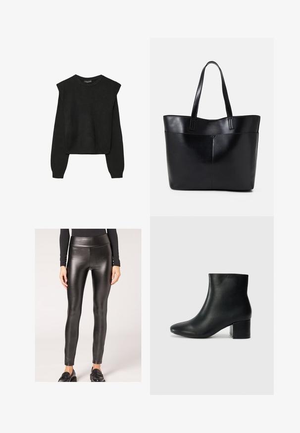 Sort striktrøje med lange ærmer, polstrede skuldre og ribkantede manchetter og kant, vist mod en hvid baggrund.; Sorte faux læder leggings med høj talje, en glat tekstur og tætsiddende design, der har en strømlinet silhuet og minimal udsmykning.; Sorte læder ankelstøvler med spids tå og en kraftig hæl. Glat tekstur med minimale detaljer og et slankt, tætsiddende design.; Sort læder tote taske med to lange håndtag, en glat tekstur og en struktureret form. Har en forlommem for ekstra opbevaring.