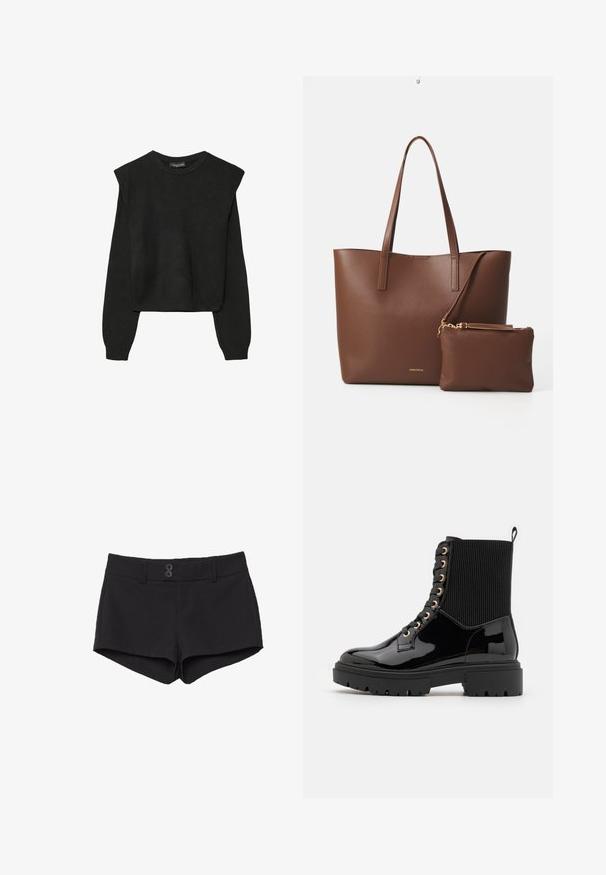 Svart långärmad stickad tröja med vadderade axlar och ribbade muddar och fåll, visad mot en vit bakgrund.; Svarta shorts gjorda av tyg med en slät textur. Har en midjeresår, två framfickor och två svarta knappar framtill.; Svarta lackläder anklarboots med ett texturerat ribbat tygöverdrag, guldfärgade öglor, svarta snören och en robust sula.; Brun fusk läder tote-väska med två långa handtag och en matchande liten påse. Ytan har ett strukturerat mönster och guldiga detaljer.