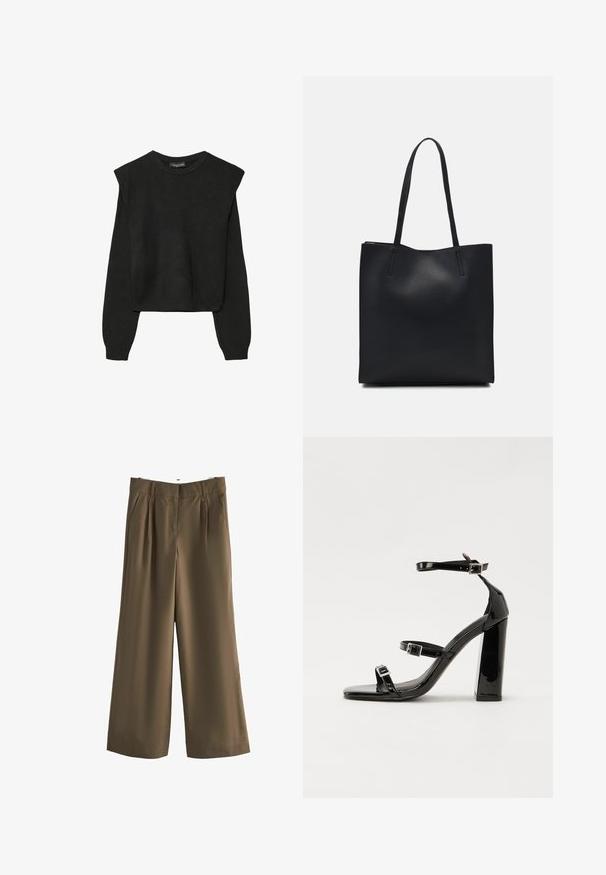 Črn dolgi pulover iz pletenine z oblazinjenimi rameni ter rebrastimi manšetami in robom, prikazan na beli podlagi.; Rjave hlače širokih nogavic z gladko teksturo, ki imajo nabran sprednji del in dva stranska žepa. Brez vidne blagovne znamke ali vzorcev.; Črne lakirane sandale s peto, kvadratnim prstom, trakovi okrog gležnja in srebrnimi zaponkami. Opremljene so s stabilno Debelo peto.; Črna usnjena torba s svilnato teksturo, pravokotne oblike in dvema dolgima ročajema. Brez vidnih metalnih delov ali okrasnih elementov.
