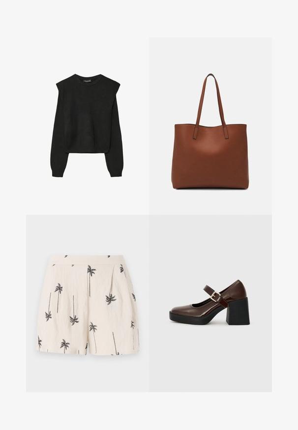 Čierny pletený sveter s dlhými rukávmi, vycpanými ramenami a rebrovanými nápletmi a spodným okrajom, zobrazený na bielom pozadí.; Svetlo béžové šortky s čiernym vzorom paliem, s plisovaním vpredu a hladkým, ľahkým štruktúrovaným materiálom.; Hnedé lakované Mary Jane topánky s blokovým podpätkom, s prackou a okrúhlou špičkou, umiestnené na textúrované čiernej podrážke.; Hnedá kožená taška na rameno s hladkou textúrou, otvoreným vrchom a dvoma ramenými popruhmi. Má minimálne šitia a žiadne viditeľné kovania.