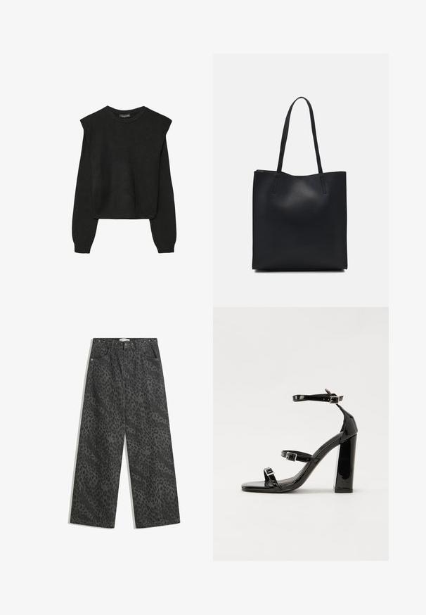 Mustat pitkätuuliseset neulepaidat, joissa on toppaukset harteilla sekä ribbaus hihansuissa ja helmassa, esitetty valkoista taustaa vasten.; Mustat farkkuleggingsit, joissa on hienovarainen leopardi-printti, metalliset niitti-yksityiskohdat vyötäröllä sekä klassinen viisi-taskuinen muotoilu.; Musta kiiltäväpintainen korkokengät, joissa on kaksi solkikiinnitystä, neliönmuotoinen kärki ja paksu korko, sileällä, kiiltävällä pintarakenteella.; Mustapahkainen kangaskassi, jossa on sileä pinta, suorakaiteen muotoinen ja kaksi pitkää kahvaa. Ei näkyvää metalliosaa tai koristeita.