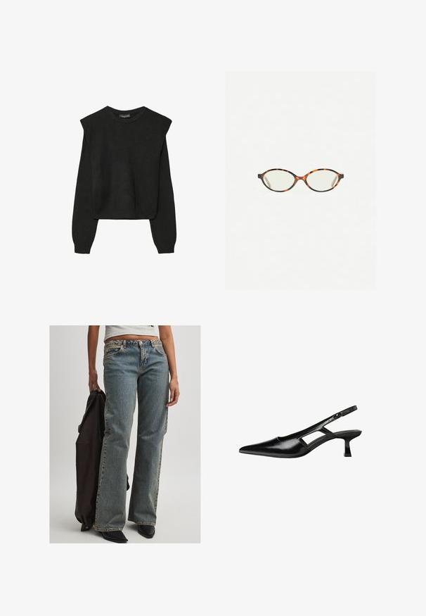 Črn dolgi pulover iz pletenine z oblazinjenimi rameni ter rebrastimi manšetami in robom, prikazan na beli podlagi.; Svetlo modri denim džins s sproščenim krojem, z naravno višino pasu, vidnim šivom in klasičnim dizajnom s petimi žepi. Prisotni so tudi črna obutev in temen jkt.; Črne patentični usnjeni salonarji s slingback designom, z zašiljenim nosom, izrezanim stranskim dizajnom in majhnim kvadratnim peto. Gladka tekstura z minimalnimi detajli.; Kornjačaste očala z ovalnimi lečami in gladko, sijočo površino. Imajo tanke stranice z rahlim ovinkom na templjih. Prosojne leče.