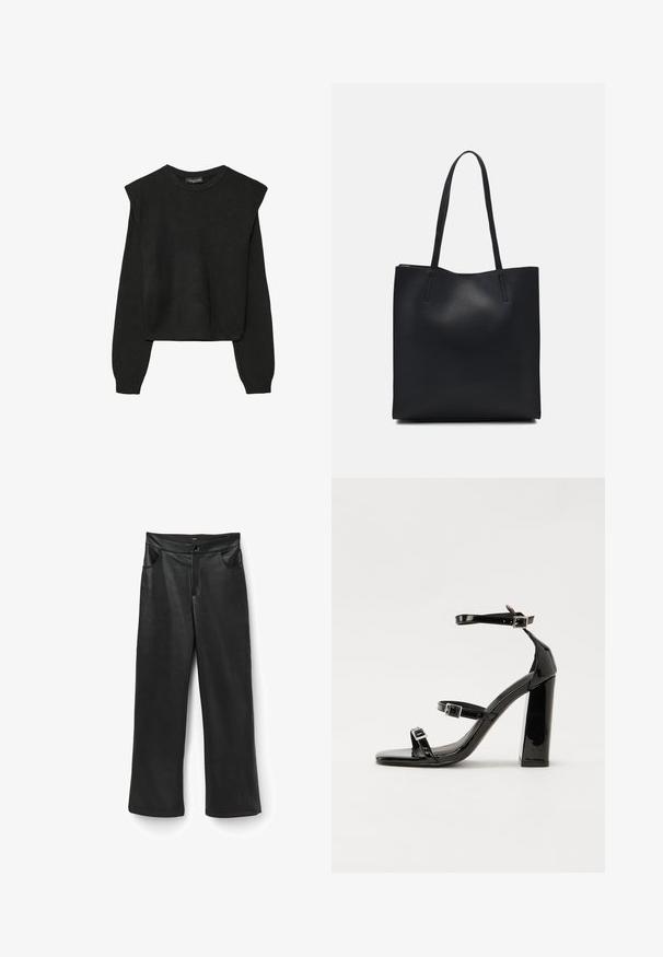 Pull en tricot noir à manches longues avec épaules rembourrées et poignets et ourlet côtelés, présenté sur un fond blanc.; Pantalons larges en cuir noir avec une texture lisse, dotés d'une ceinture et de deux poches avant. Design simple sans motifs ni embellissements.; Sandales à talons hauts en cuir verni noir avec deux brides à boucles, bout carré et talon bloc épais, présentant une texture lisse et brillante.; Sac fourre-tout en cuir noir avec une texture lisse, de forme rectangulaire et deux longues poignées. Pas de matériel ou d'ornementations visibles.