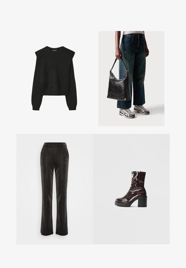 Čierny pletený sveter s dlhými rukávmi, vycpanými ramenami a rebrovanými nápletmi a spodným okrajom, zobrazený na bielom pozadí.; Čierne rozšírené nohavice vyrobené z textúrovaného, trblietavého materiálu. Majú priliehajúci pás a bočné vrecká, s hladkým siluetou až po lem.; Lesklé burgundské kotníkové boty s robustním černým podpatkem, s hladkou strukturou a jednoduchým designem. Bez viditelných zapínání nebo vzorů.; Čierna kožená taška cez rameno s hladkou textúrou a nastaviteľným popruhom, skombinovaná s vyblednutými širokými džínsy a športovými teniskami.